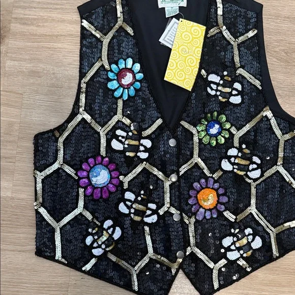 Vintage Quacker Factory Sequin Bees Floral Vest - Picture 3 of 5